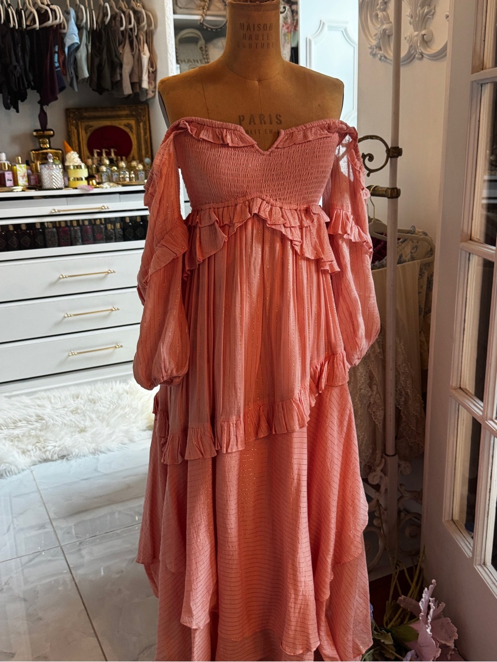 Spell Coral Pink One-Shoulder Ruffle Maxi Dress